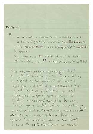亲笔签名信（“永远想念你！永远是你的朋友，图帕克·A·沙库尔”），致科西玛[Knez]，[1989年春，加利福尼亚州马林市]。 – 图帕克