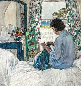 在阳光明媚的卧室里编织的女人 by Esperanza Gabay