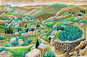 犹太丙烯酸绘画以色列艺术巴鲁克·纳赫松·雪佛龙耶路撒冷山（2010） by Baruch Nachshon