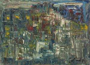 无标题（抽象蓝色城市景观）（20世纪中期） by Yaakov Loebel