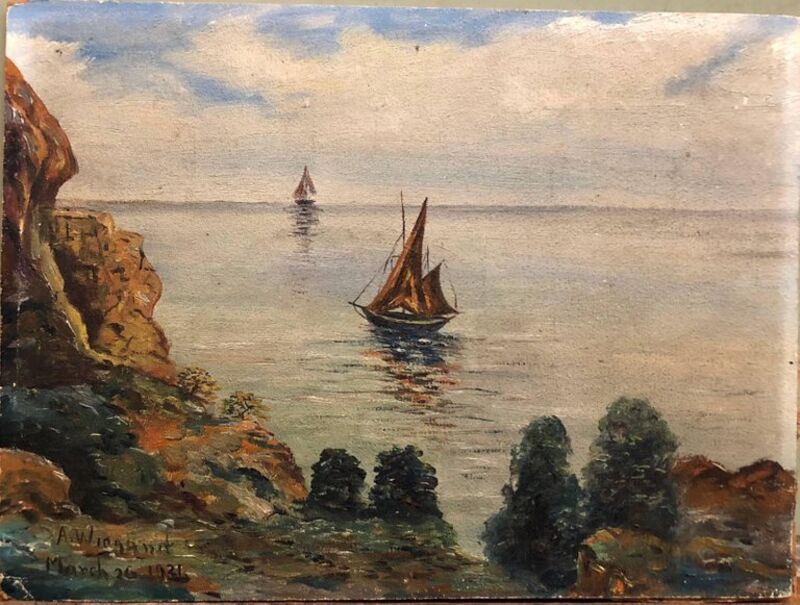 Idyllic Modernist Marine Scape Boat with Cliffs Oil Painting (1930-1939) | Available for Sale