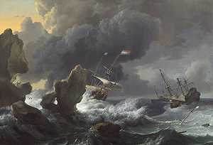 岩石海岸遇险的船只（1667年） by Ludolf Backhuysen
