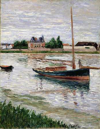 停泊在塞纳河上的帆船，阿金泰尔（约1891年） by Gustave Caillebotte