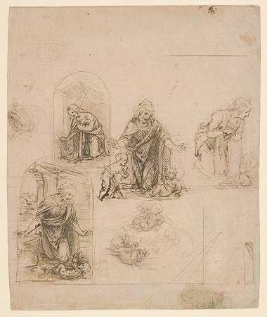 圣母崇拜基督之子的作曲草图，带或不带婴儿圣约翰浸信会；透视投影图（recto）；轻微涂鸦（verso）（1480-1485） by Leonardo da Vinci