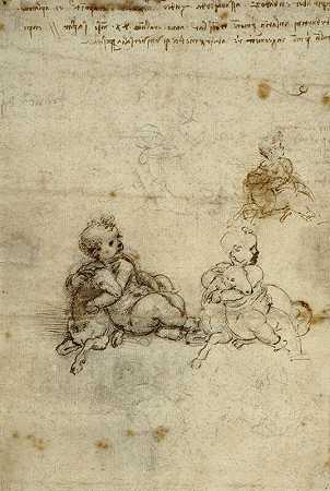 《基督与羔羊的孩子》（recto），一位老人的头，以及《机械研究》（verso）（1503-1506） by Leonardo da Vinci