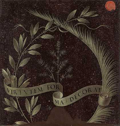 月桂树、棕榈树和杜松树的花环，卷轴上刻有Virtutem Forum装饰[反面]（约1474/1478年） by Leonardo da Vinci