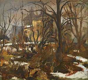冬季穿过林地的房屋景观 by Eastern European School, possibly Russian, early-mid 20th century
