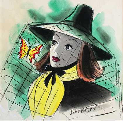 帽子里戴着蝴蝶的女人。科利尔封面插图（1938） by Jaro Fabry