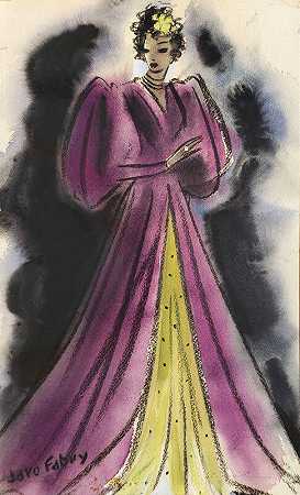 穿着优雅紫色晚礼服的迷人女人（约20世纪40年代） by Jaro Fabry