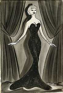 舞台上穿着优雅的黑色晚礼服的迷人女演员-好莱坞黄金时代（约1935年） by Jaro Fabry