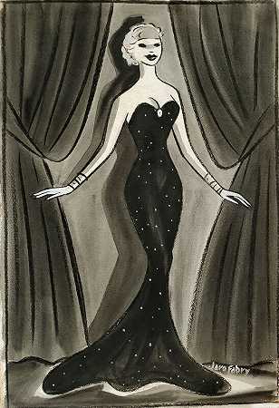 舞台上穿着优雅的黑色晚礼服的迷人女演员-好莱坞黄金时代（约1935年） by Jaro Fabry