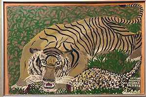 Le Tigre Decapite Le Jaguar，大型野生动物以色列天真艺术油画（1970-1979） by Gabriel Cohen