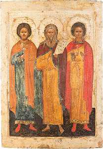 先知埃利亚斯（Elias）两侧是圣弗洛鲁斯（St Florus）和圣劳鲁斯（St Laurus）（16世纪） by Icon