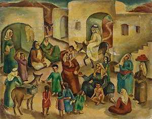 犹太村庄巴勒斯坦/以色列约1930年代现代主义绘画（20世纪初） by Ida Shelesnyak Mirrof