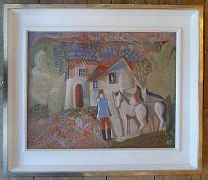 房子前的骑手和两匹马（1930-1939） by Béla Kádár