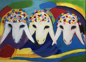 三只彩色绵羊（约1990年） by Menashe Kadishman