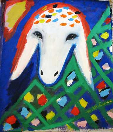 有花的绵羊肖像 by Menashe Kadishman