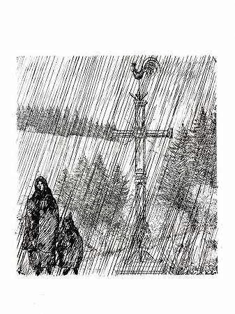 让·埃米尔·劳布尔（Jean-emile Labourer，1946）的原创蚀刻作品《十字架下》 by Jean-Emile Laboureur