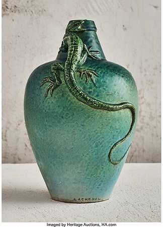 有应用蜥蜴的绿色花瓶（约1900年） by Edmond Lachenal