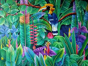 鸟类、油画、绿色、红色、黄色，当代艺术家“库存”（2015-2021） by Murli Nagapuzha