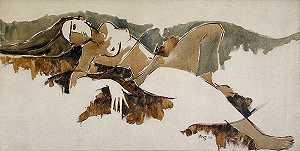 躺着的女士，船上的油由现代印度艺术家“库存”（1974年）创作， by Annu Naik