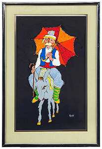 明亮的雨伞驴骑，丙烯酸纸（20世纪中期） by Jovan Obican