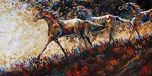 原始马画作《黄昏奔跑的山脊》彩色马艺术，现代西方艺术（2017） by Laurie Pace