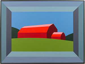 红色谷仓绿地-风景画、抽象画、波普艺术、画布上的丙烯酸（2020） by Charles Pachter