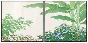 带有香蕉树和绣球花的屏幕（T-4101）（约1930年） by Suzuki Taima