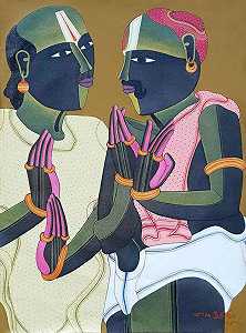 对话，现代艺术家“库存”油画上的丙烯酸树脂（2018年） by Thota Vaikuntam