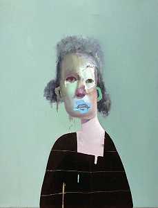 四条条纹、蓝绿色的无标题肖像画（2014年） by Edward Valentine
