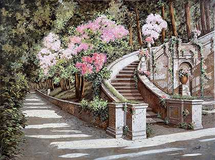 楼梯和粉色的花朵 – 4862×3626px