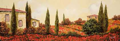 红色罂粟花中的三座房子 – 7205×2480px