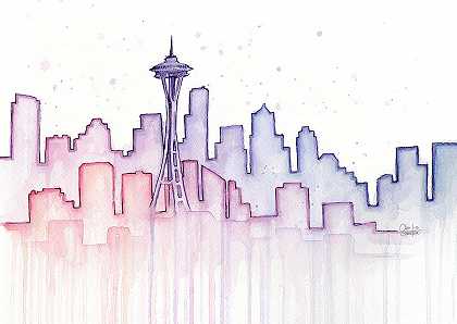 西雅图天际线水彩 – 14512×10308px