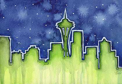 西雅图夜空水彩 – 8606×6000px
