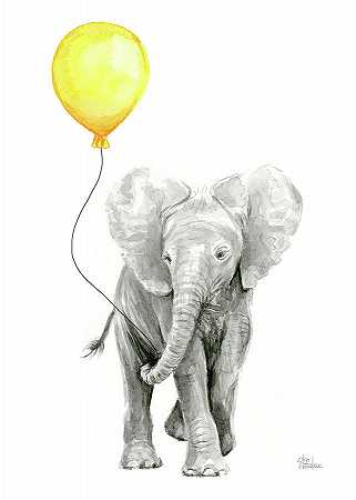 小象水彩画配黄色气球 – 9712×13597px