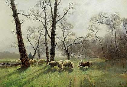 牧羊人和他的羊群在黄昏的灯光下 – 20014×13718px