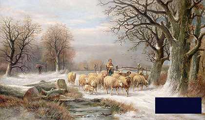 冬季风景中的牧羊女和她的羊群 -亚历克西斯·德勒乌- 5538×3270px ✺