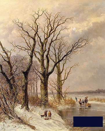 冬季风景，采柴者在冰冻的湖面上聊天 -约瑟夫·杰拉德·汉斯- 3955×4907px ✺