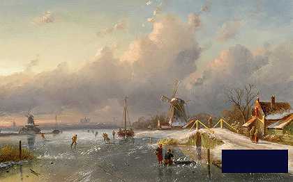冬天的风景，风车和滑冰者在冰冻的水道上， -查尔斯·亨利·约瑟夫·莱克特- 6299×3939px ✺