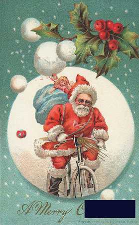 美国圣诞卡上有一位骑自行车的圣诞老人，他带着一袋礼物 -美国学校- 2056×3307px ✺