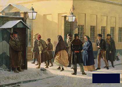 街头场景，监狱外，1868年油画 -瓦西里·乔治·马利舍夫- 5102×3657px ✺