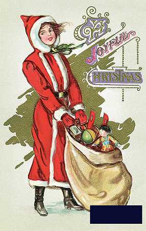 一个穿着圣诞老人套装、带着一袋圣诞玩具的女孩的复古插图 -美国学校- 3683×5796px ✺