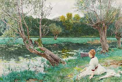 池塘边的年轻女子 -Louis Emile Adan- 19360×13076px ✺