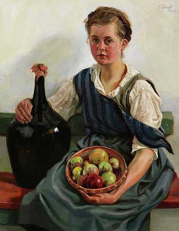 拿着果篮和酒瓶的女孩 -Otto Keck- 15489×19900px ✺