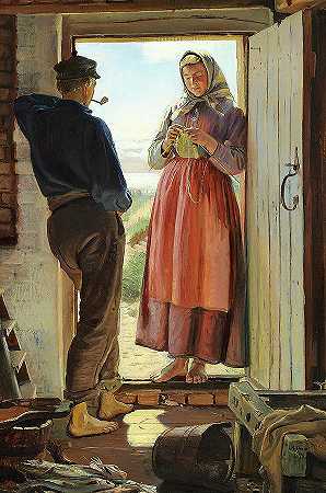 门口的求爱、年轻渔夫和编织女孩 -Michael Ancher- 13184×19900px ✺