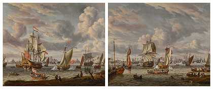 鹿特丹，从东南方向拍摄的Nieuwe-Maas河航运景观；阿姆斯特丹，从东北方向拍摄的IJ上的航运视图 – 亚伯拉罕·斯托克