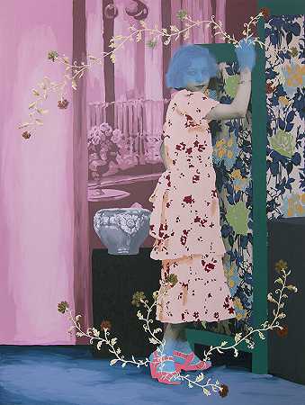 无标题（带花瓶和花屏的女人），2019 by Daisy Patton