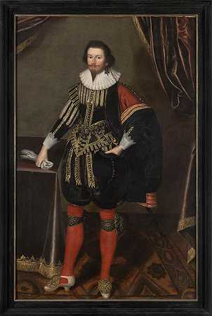 位于萨默塞特的海丝特康贝的罗杰·沃伦二世（约1595-1641年）的全身画像，穿着一件绣有金线的黑色紧身上衣，穿着红黑相间的披肩和深红色的软管，站在桌子旁，左手拿着帽子，右手拿着白手套，约1620-1625年 by English School, 17th Century