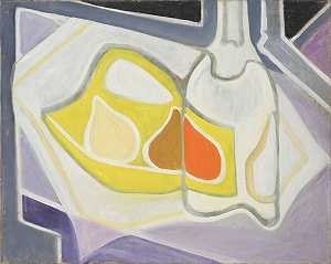 带瓶子的黄色篮子（瓶子和梨），1952年 by Margaret Mellis
